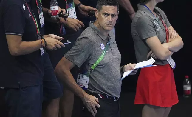 United States team leader Greg Meehan looks on during the World Aquatics Championships in Singapore, Friday, Aug.1, 2025. (AP Photo/Ng Han Guan)