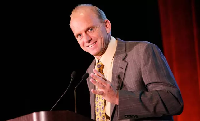 FILE - Olympic gold medalist Rowdy Gaines speaks during the Thurman Munson Awards Dinner on Feb. 3, 2009 in New York. (AP Photo/Jason DeCrow, File)