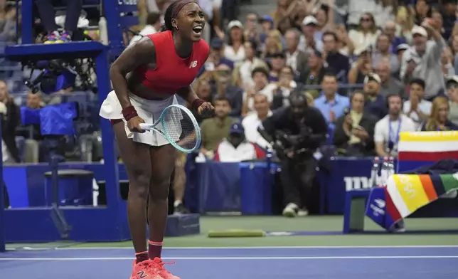 Coco Gauff, of the United States, reacts to defeating Donna Vekic, of Croatia, during the second round of the U.S. Open tennis championships, Thursday, Aug. 28, 2025, in New York. (AP Photo/Frank Franklin II)