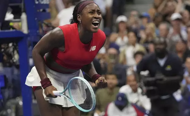 Coco Gauff, of the United States, reacts to defeating Donna Vekic, of Croatia, during the second round of the U.S. Open tennis championships, Thursday, Aug. 28, 2025, in New York. (AP Photo/Frank Franklin II)