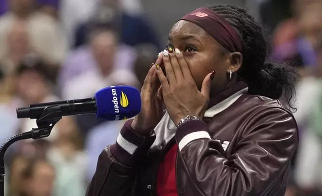 Coco Gauff, of the United States, cries after defeating Donna Vekic, of Croatia, during the second round of the U.S. Open tennis championships, Thursday, Aug. 28, 2025, in New York. (AP Photo/Frank Franklin II)