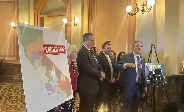 Assembly Republican leader James Gallagher speaks in opposition to Democrats' plan to advance a partisan effort to redraw California congressional map at a press conference on Monday, Aug. 18, 2025, in Sacramento, Calif. (AP Photo/Tran Nguyen)