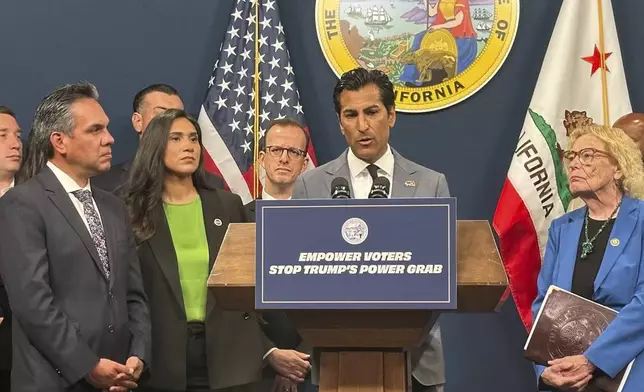 California Assembly Speaker Robert Rivas announces a legislative package to advance a partisan effort to redraw California congressional map at a press conference on Monday, Aug. 18, 2025, in Sacramento, Calif. (AP Photo/Tran Nguyen)