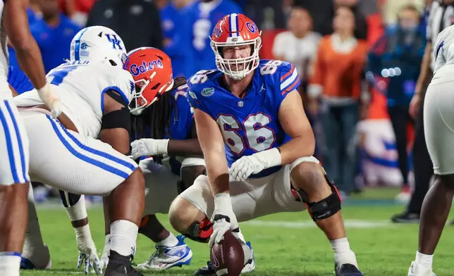 FILE - Florida center Jake Slaughter (66) gets set during an NCAA college football game against Kentucky, Saturday, Oct. 19 2024, in Gainesville, Fla. (AP Photo/Gary McCullough, File)