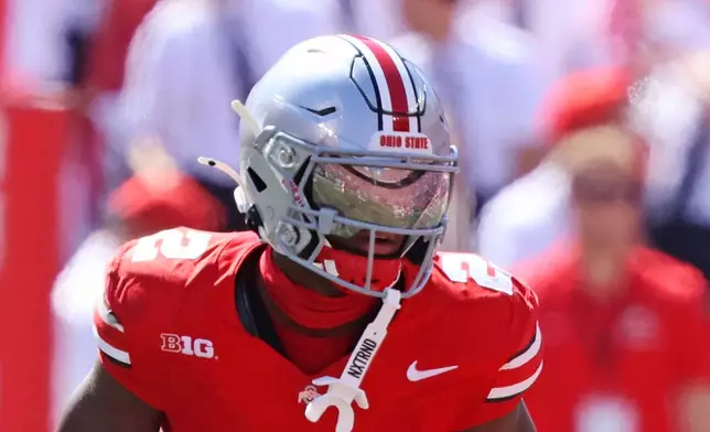 FILE - Ohio State's Caleb Downs (2) in action against Marshall during an NCAA football game on Saturday, Sept. 21, 2024, in Columbus, Ohio. (AP Photo/Gregory Payan, File)