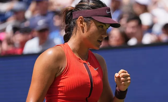 Emma Raducanu, of Great Britain, reacts after scoring a point against Ena Shibahara, of Japan, during the first round of the US Open tennis championships, Sunday, Aug. 24, 2025, in New York. (AP Photo/Yuki Iwamura)