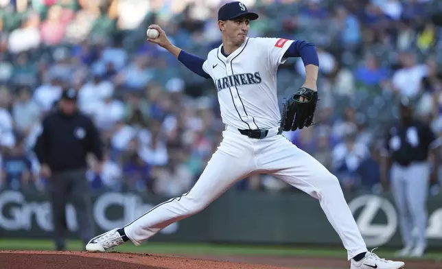 Seattle Mariners starting pitcher George Kirby throws against the Chicago White Sox during the first inning of a baseball game Wednesday, Aug. 6, 2025, in Seattle. (AP Photo/Lindsey Wasson)