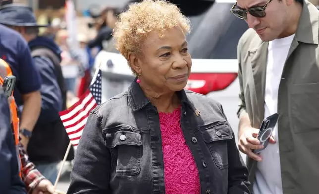 FILE - Oakland Mayor Barbara Lee speaks to the crowd at Wilma Chan Park before they march through downtown during a "No Kings" protest, June 14, 2025, in Oakland, Calif. (Jessica Christian/San Francisco Chronicle via AP, File)