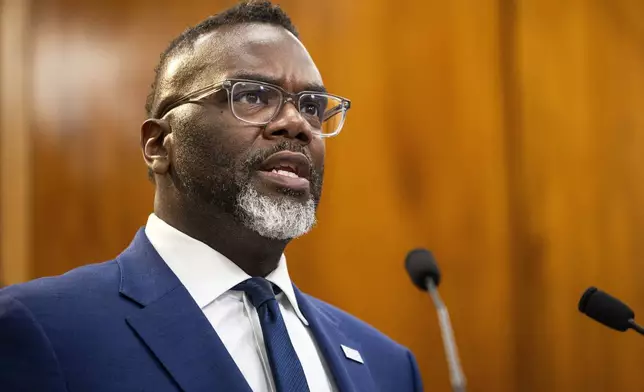 FILE - Mayor Brandon Johnson responds to an overnight shooting during a news conference at City Hall in the Loop, July 3, 2025. (Ashlee Rezin/Chicago Sun-Times via AP, File)