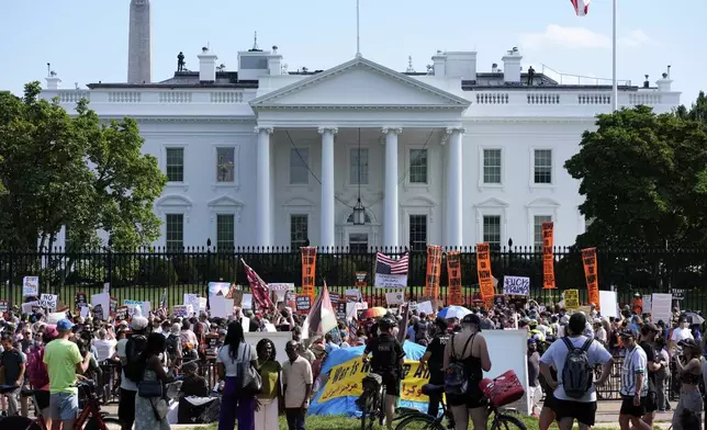 Activists protest President Donald Trump's federal takeover of policing of the District of Columbia near the White House, Saturday, Aug. 16, 2025, in Washington. (AP Photo/Alex Brandon)