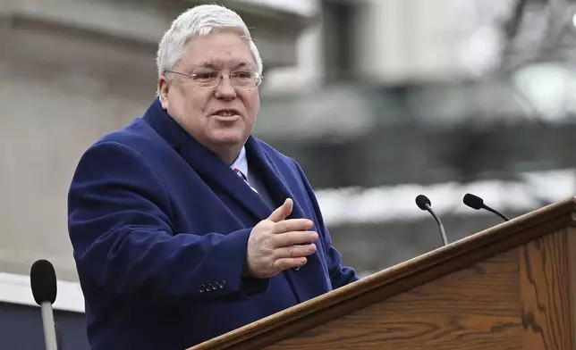 FILE - West Virginia Gov. Patrick Morrisey speaks at the state capitol in Charleston, W.Va., Jan. 13, 2025. (AP Photo/Chris Jackson, File)
