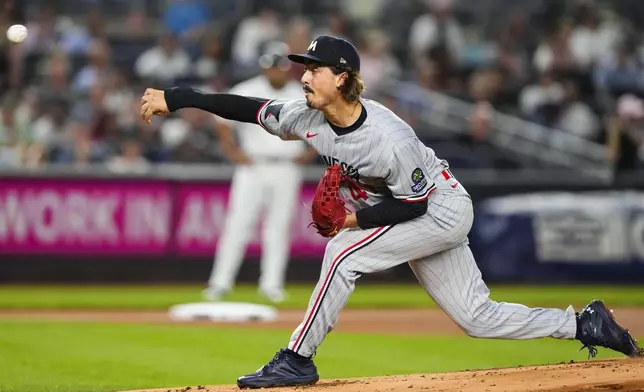 Minnesota Twins pitcher Joe Ryan (41) throws during the first inning of a baseball game against the New York Yankees, Wednesday, Aug. 13, 2025, in New York. (AP Photo/Yuki Iwamura)