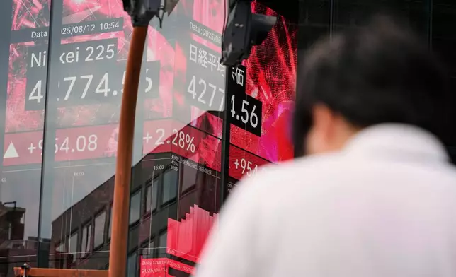 A person stands in front of an electronic stock board showing Japan's Nikkei index at a securities firm Tuesday, Aug. 12, 2025, in Tokyo. (AP Photo/Eugene Hoshiko)