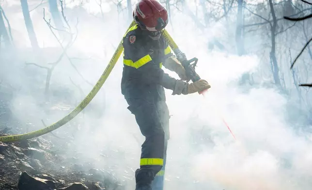 This photo provided by the Securite Civile on Friday, Aug.8, 2025 shows a firefighter battling wildfire on Thursday, Aug. 7, 2025 near Jonquieres, southern France. (Securite Civile via AP)