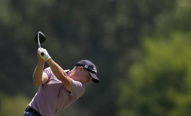 Bud Cauley hits on the seventh hole during the first round of the St. Jude Championship golf tournament Thursday, Aug. 7, 2025, in Memphis, Tenn. (AP Photo/George Walker IV)