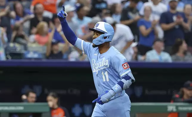 Kansas City Royals' Maikel Garcia celebrates his solo home run during the fourth inning of a baseball game against the Detroit Tigers, Saturday, Aug. 30, 2025, in Kansas City, Mo. (AP Photo/David Smith)