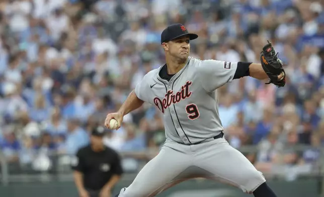 Detroit Tigers starting pitcher Jack Flaherty throws during the first inning of a baseball game against the Kansas City Royals, Saturday, Aug. 30, 2025, in Kansas City, Mo. (AP Photo/David Smith)