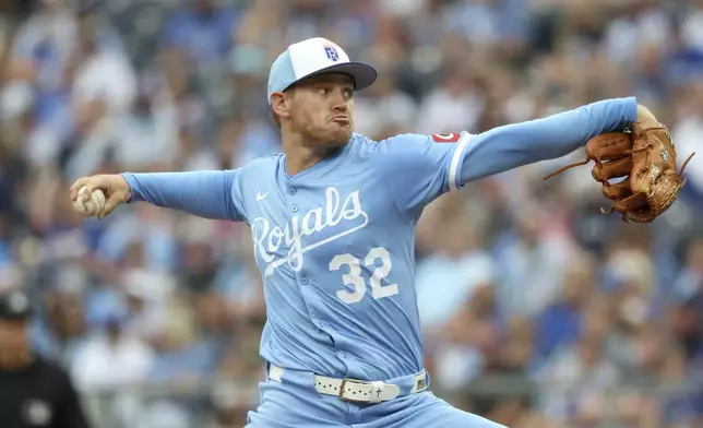 Kansas City Royals starting pitcher Stephen Kolek throws during the first inning of a baseball game against the Detroit Tigers, Saturday, Aug. 30, 2025, in Kansas City, Mo. (AP Photo/David Smith)