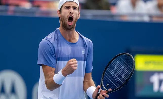 Karen Khachanov of Russia celebrates on his way to defeating Casper Ruud of Norway at the National Bank Open in Toronto, on Saturday Aug. 2, 2025. (Frank Gunn/The Canadian Press via AP)