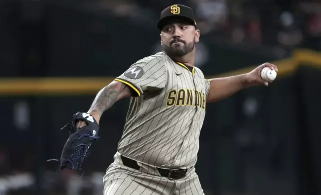 San Diego Padres pitcher Nestor Cortes throws against the Arizona Diamondbacks in the first inning during a baseball game, Wednesday, Aug 6, 2025, in Phoenix. (AP Photo/Rick Scuteri)