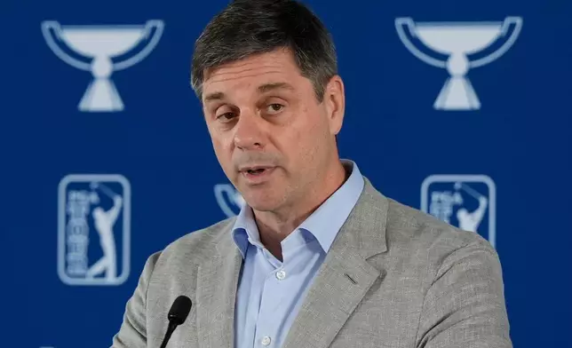 FILE - PGA Tour CEO Brian Rolapp speaks before a practice round of the Tour Championship golf tournament, Wednesday, Aug. 20, 2025, in Atlanta. (AP Photo/Mike Stewart, File)