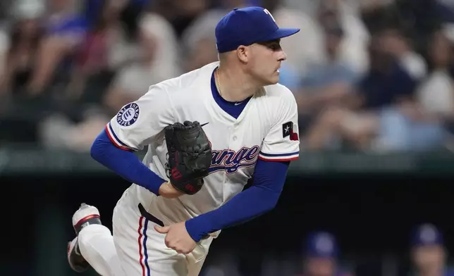 Texas Rangers starting pitcher Patrick Corbin follows through on his delivery to the Los Angeles Angels in the seventh inning of a baseball game, Tuesday, Aug. 26, 2025, in Arlington, Texas. (AP Photo/Tony Gutierrez)