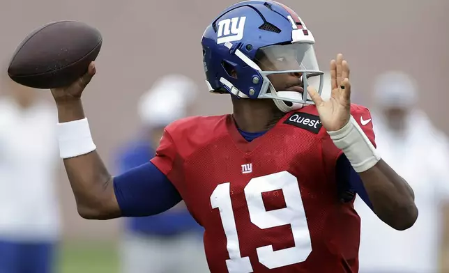 New York Giants quarterback Jameis Winston (19) passes the ball during Back Together Weekend at the team's NFL football training camp, Sunday, July 27, 2025, in East Rutherford, N.J. (AP Photo/Adam Hunger)