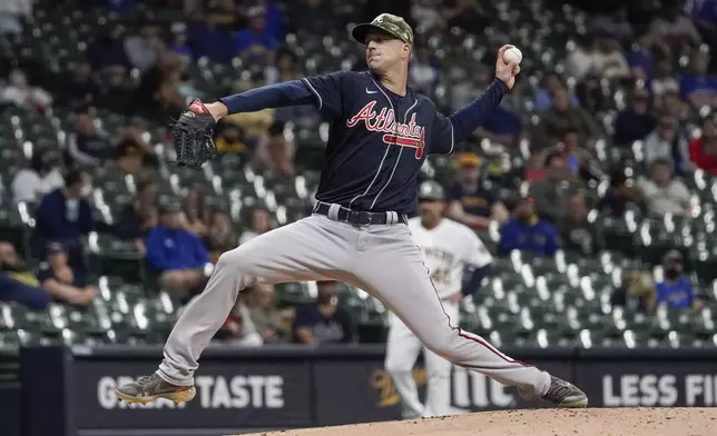 FILE - Atlanta Braves starting pitcher Drew Smyly throws during the first inning of a baseball game against the Milwaukee Brewers May 14, 2021, in Milwaukee. (AP Photo/Morry Gash, File)