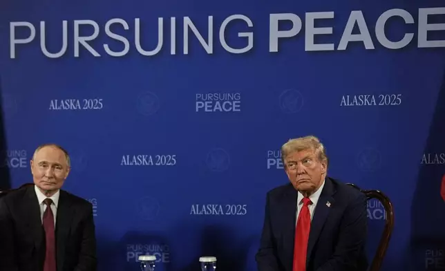 President Donald Trump meets with Russia's President Vladimir Putin Friday, Aug. 15, 2025, at Joint Base Elmendorf-Richardson, Alaska. (AP Photo/Julia Demaree Nikhinson)