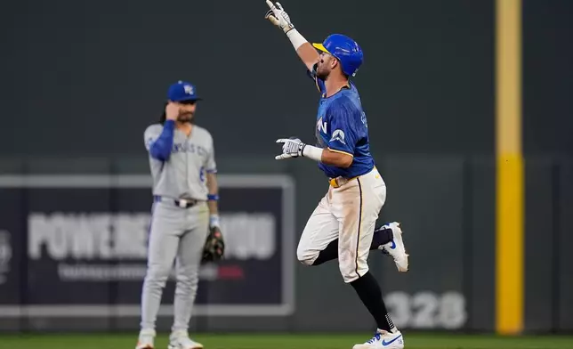 Minnesota Twins' Kody Clemens, right, runs the bases after hitting a solo home run during the fourth inning of a baseball game against the Kansas City Royals, Friday, Aug. 8, 2025, in Minneapolis. (AP Photo/Abbie Parr)