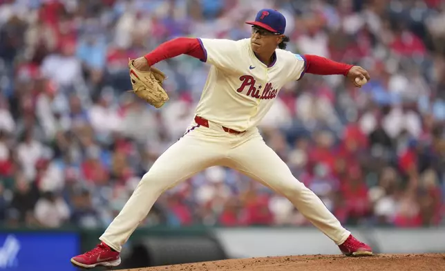 Philadelphia Phillies' Jesús Luzardo pitches during the second inning of a baseball game against the Seattle Mariners Wednesday, Aug. 20, 2025, in Philadelphia. (AP Photo/Matt Slocum)