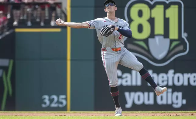 Minnesota Twins' Brooks Lee throws out Cleveland Guardians' Brayan Rocchio at first base during the second inning of a baseball game, Saturday, Aug. 2, 2025, in Cleveland. (AP Photo/Phil Long)