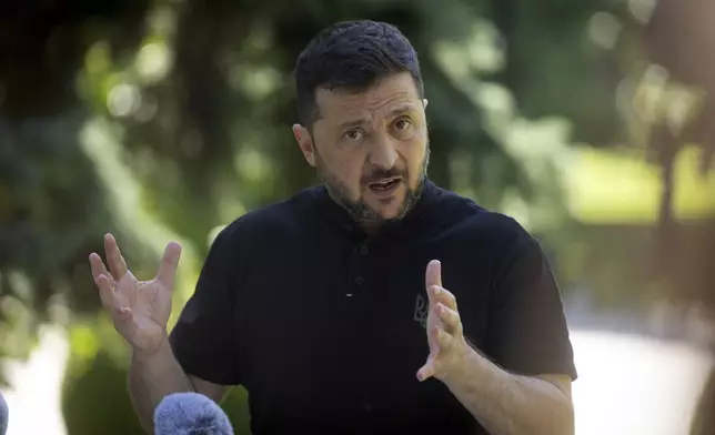 Ukrainian President Volodymyr Zelenskyy talks during his press conference in Kyiv, Ukraine, Friday, Aug. 29, 2025. (AP Photo/Efrem Lukatsky)