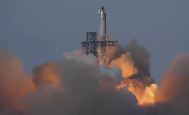 SpaceX's mega rocket Starship launches during a test flight from Starbase, Texas, Tuesday, Aug. 26, 2025. (AP Photo/Eric Gay)