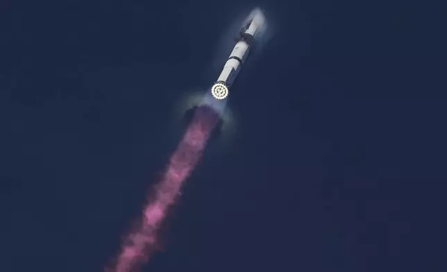 SpaceX's mega rocket Starship makes a test flight from Starbase, Texas, Tuesday, Aug. 26, 2025. (AP Photo/Eric Gay)