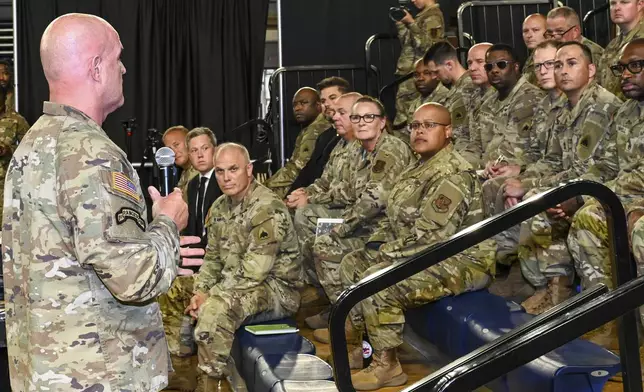 In this image provided by the U.S. Army National Guard, Vice Chief of Staff of the Army Gen. James Mingus speaks with soldiers and airmen from the District of Columbia National Guard at the D.C. National Guard Armory in Washington, Tuesday, Aug. 12, 2025. (Sgt. 1st Class Christy L. Sherman/U.S. Army National Guard via AP)