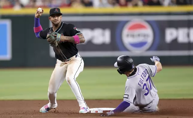 Arizona Diamondbacks second baseman Ketel Marte, left, turns a double play over Colorado Rockies' Braxton Fulford (37) during the eighth inning of a baseball game Saturday, Aug. 9, 2025, in Phoenix. (AP Photo/Chris Coduto)
