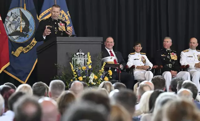 New Superintendent Lt. General Michael J. Borgschulte, U.S. Marine Corps gives remarks during a Change of Command Ceremony for outgoing Superintendent Vice Admiral Yvette M. Davids, U.S. Navy, in Annapolis, Md., Friday, Aug. 15, 2025. (Paul W. Gillespie/Capital Gazette via AP)
