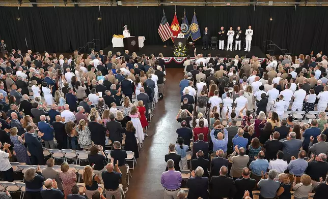 Outgoing Superintendent Vice Admiral Yvette M. Davids, U.S. Navy, gives remarks during a Change of Command Ceremony in Annapolis, Md., Friday, Aug. 15, 2025. (Paul W. Gillespie/Capital Gazette via AP)