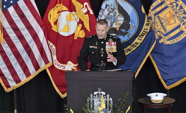 New Superintendent Lt. General Michael J. Borgschulte, U.S. Marine Corps gives remarks during a Change of Command Ceremony for outgoing Superintendent Vice Admiral Yvette M. Davids, U.S. Navy, in Annapolis, Md., Friday, Aug. 15, 2025. (Paul W. Gillespie/Capital Gazette via AP)