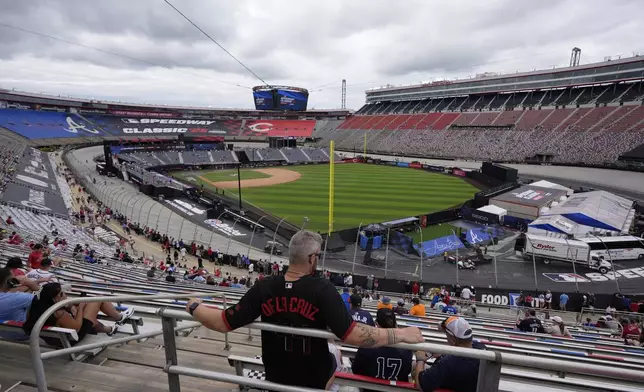 Fans gather for the MLB Speedway Classic baseball game at Bristol Motor Speedway in Bristol, Tenn., Sunday, Aug. 3, 2025. Play was resumed today after yesterday's weather delay. (AP Photo/George Walker IV)