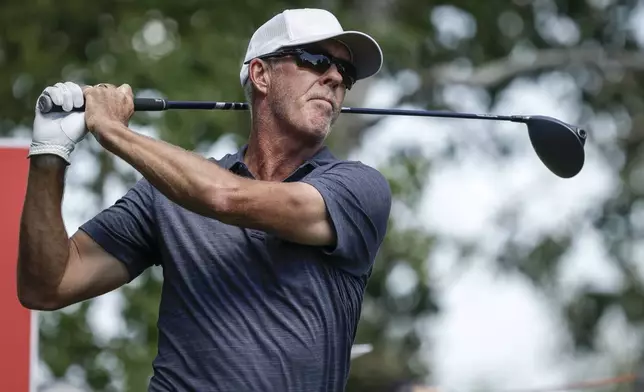 Australia's Richard Green hits a tee shot on the eighth hole during the final round at the PGA Tour Champions golf tournament in Calgary, Alberta, Sunday, Aug. 17, 2025. (Jeff McIntosh/The Canadian Press via AP)