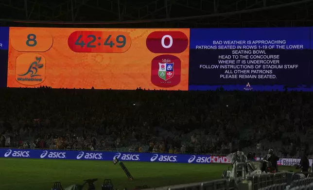 A sign warns of bad weather approaching which caused a suspension of play during the third and final rugby union test between the Lions and the Wallabies in Sydney, Australia, Saturday, Aug. 2, 2025. (AP Photo/Mark Baker)