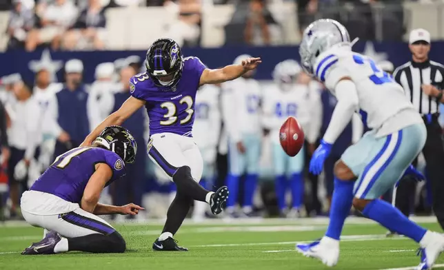 Baltimore Ravens place kicker Tyler Loop (33) kicks a field goal in the first half of a preseason NFL football game against the Dallas Cowboys Saturday, Aug. 16, 2025, in Arlington, Texas. (AP Photo/LM Otero)