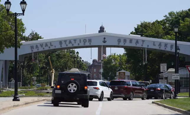 Main entrance for Naval Station Great Lakes, about 35 miles north of Chicago, is seen, Thursday, Aug. 28, 2025, in Great Lakes, Ill. (AP Photo/Kiichiro Sato)