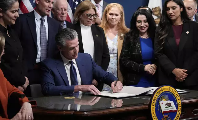 California Gov. Gavin Newsom signs legislation calling for a special election on a redrawn congressional map on Thursday, Aug. 21, 2025, in Sacramento, Calif. (AP Photo/Godofredo A. Vásquez)