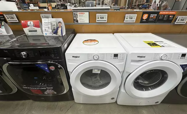 Washers and dryers are displayed at a retail store in Vernon Hills, Ill., Thursday, Aug. 7, 2025. (AP Photo/Nam Y. Huh)