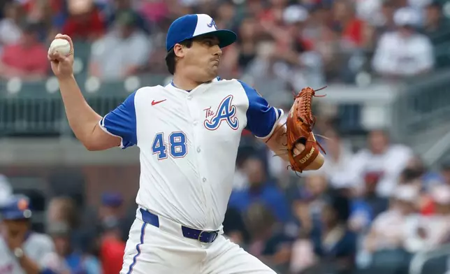 Atlanta Braves pitcher Cal Quantrill throws during the first inning of a baseball game against the New York Mets, Saturday, Aug. 23, 2025, in Atlanta. (AP Photo/Butch Dill)