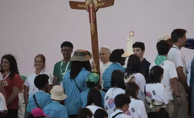 Pope Leo XIV holds prayer vigil with young people participating in the Youths Jubilee at the Tor Vergata field in Rome, Saturday, Aug. 2, 2025. (AP Photo/Gregorio Borgia)