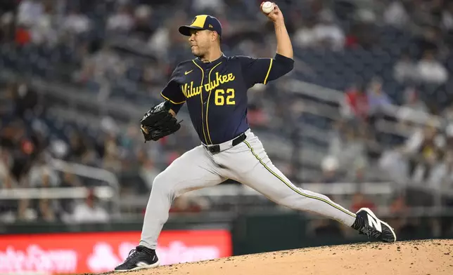 Milwaukee Brewers starting pitcher Jose Quintana throws during the fourth inning of a baseball game against the Washington Nationals, Friday, Aug. 1, 2025, in Washington. (AP Photo/Nick Wass)